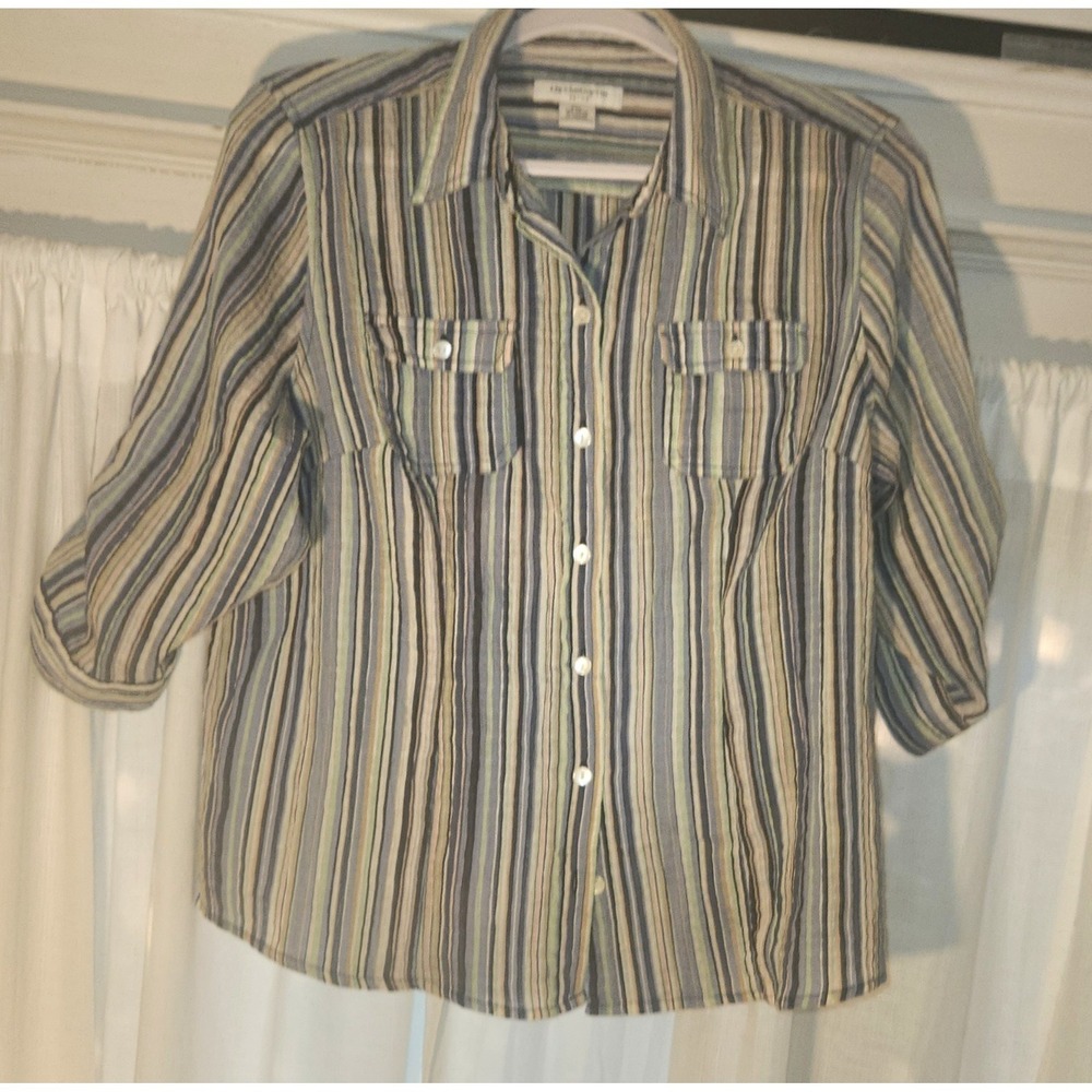 Liz Claiborne Petite PXL Blue Green Striped Button Front Shirt Cotton Blend